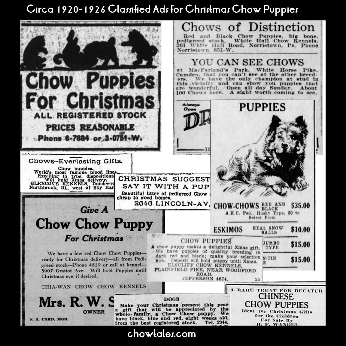 CHRISTMAS CHOW PUPPY ADS 1920S